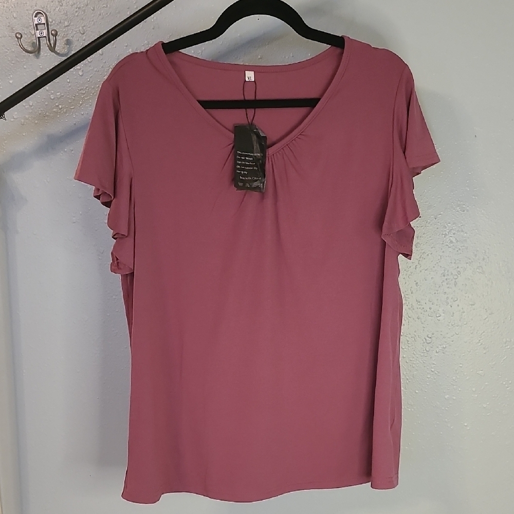 Pink Ruffled Blouse with Scoop Neckline